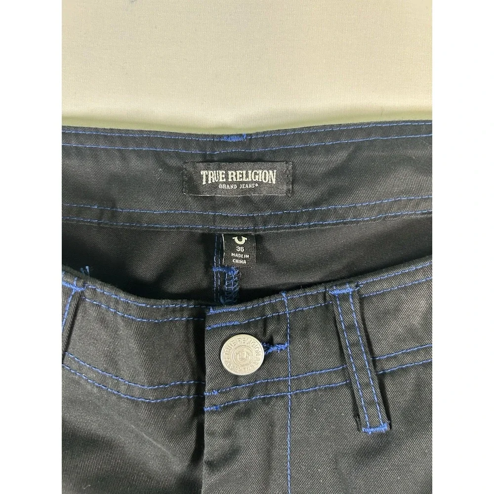 True Religion Men Baggy Cargo Pants 36 Black Blue Bold Stitch Utility Urban NWT